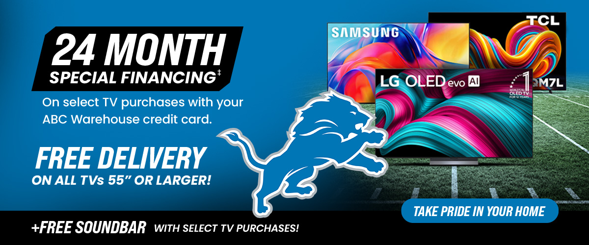 ABC Warehouse game day TV deals featuring Samsung, LG OLED, and TCL TVs with 24-month special financing, free delivery on TVs 55 inches or larger, and a free soundbar with select TV purchases.