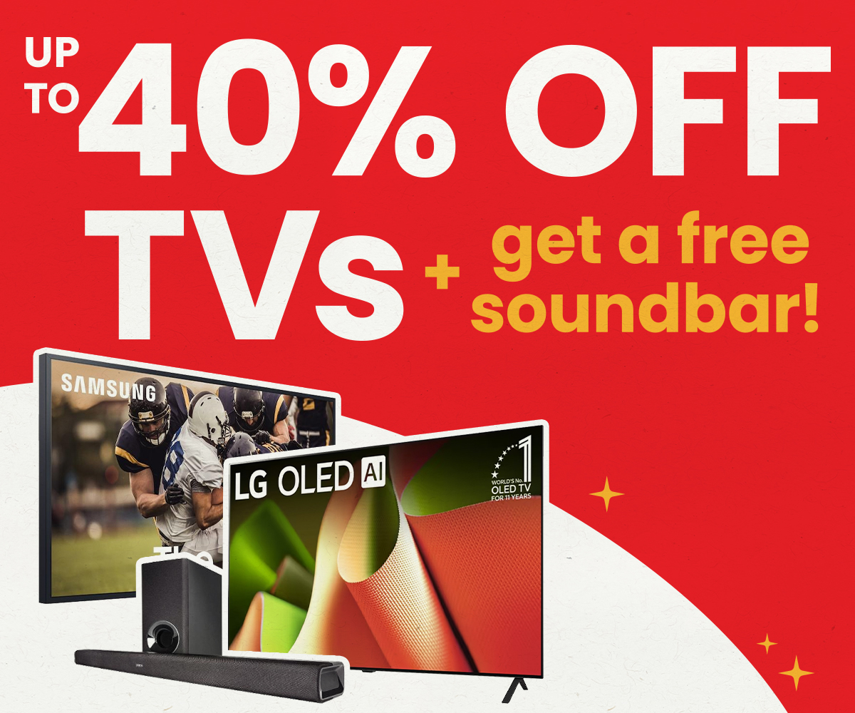 Promotional graphic advertising up to 40% off TVs plus a free soundbar, featuring Samsung and LG OLED televisions with a soundbar on a red background.